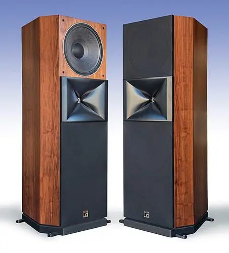 A pair of speakers with wood grain and black trim.