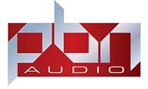 A red and white logo for audio