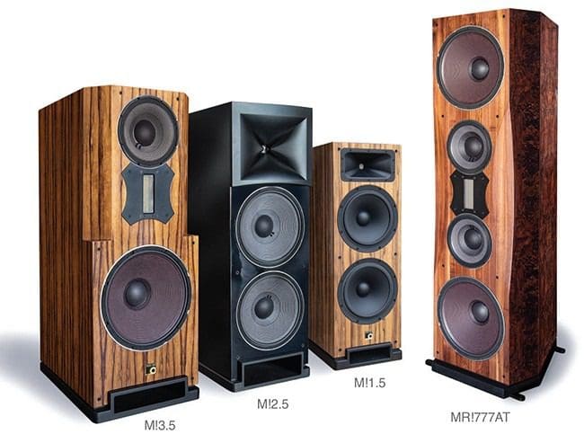 A group of speakers that are all different sizes.