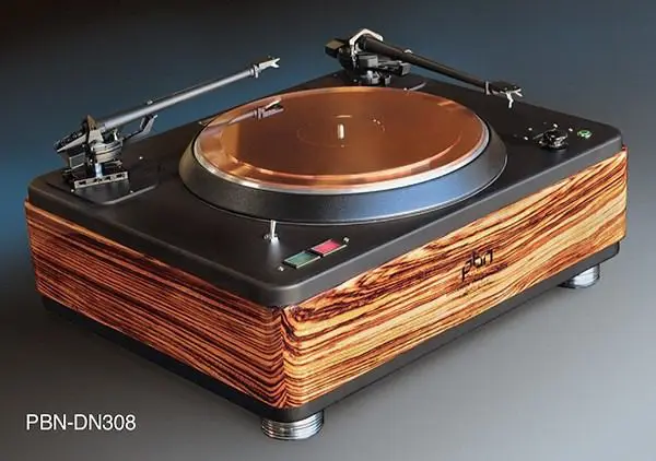 A record player with wooden covers on it.