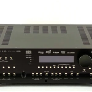 A black stereo system with many buttons and knobs.