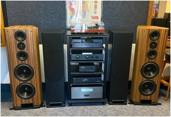 Montana EPX Speakers in Zebra Wood finish system front with no grills